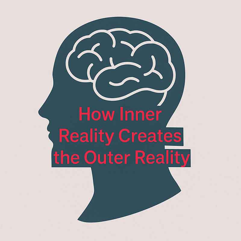 Abstract illustration of a human head silhouette with a brain, symbolizing how inner reality shapes outer reality.