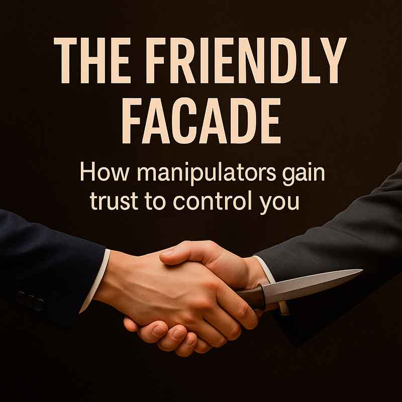 Two people shaking hands, one with crossed fingers behind their back, symbolizing manipulation and false friendship.
