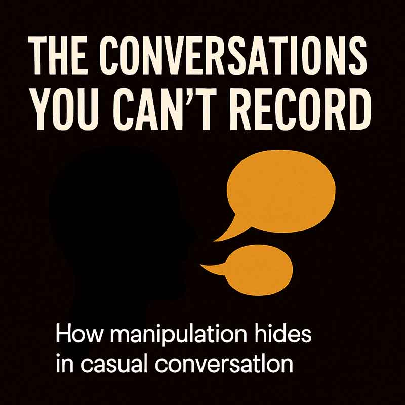 Dark minimalist graphic with speech bubbles symbolizing hidden conversations and manipulation through casual talk.