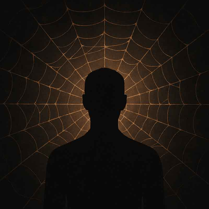 Shadowed figure standing before a web-like pattern, symbolizing how manipulators recruit others to influence a target.