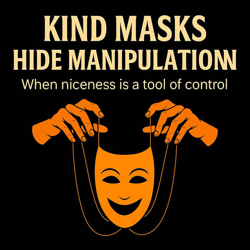 Hands controlling a smiling mask symbolizing hidden manipulation behind kindness