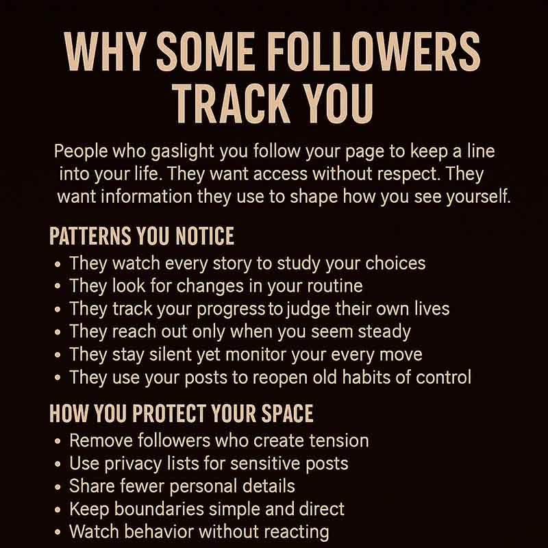 Social media graphic titled Why Some Followers Track You about people who monitor your page for control