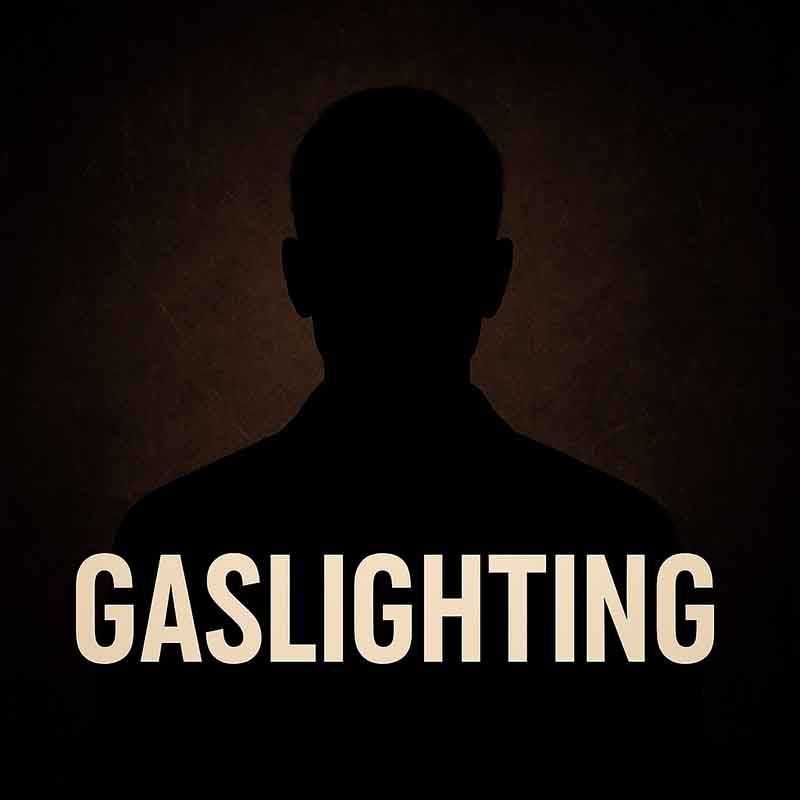 Silhouette of a person against a dark background with the word gaslighting across the bottom
