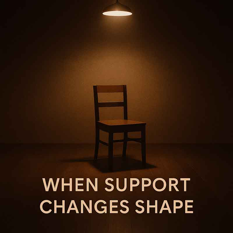 A single empty chair under soft overhead light in a dim room with the text When Support Changes Shape across the bottom