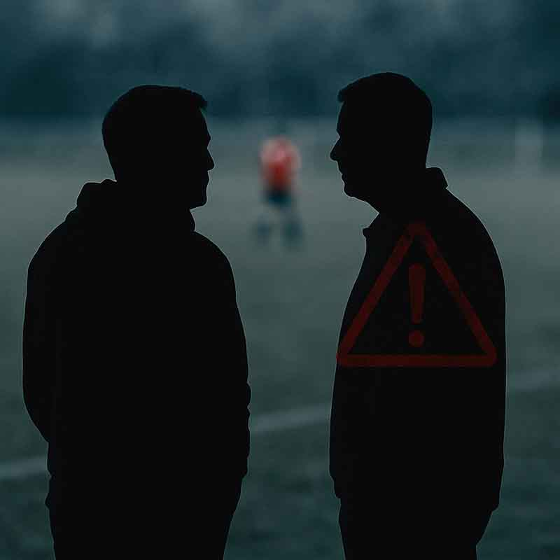 Two silhouetted figures in conversation with one highlighted in red on a blurred soccer field, illustrating missed warning signs of manipulation and grooming tactics