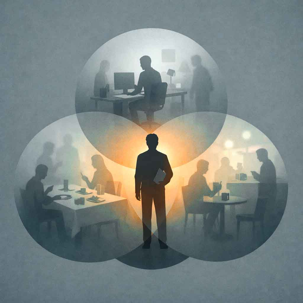 Three overlapping contexts - workplace, family, and friends - with a single aware observer at the center documenting patterns of manipulation across all spheres