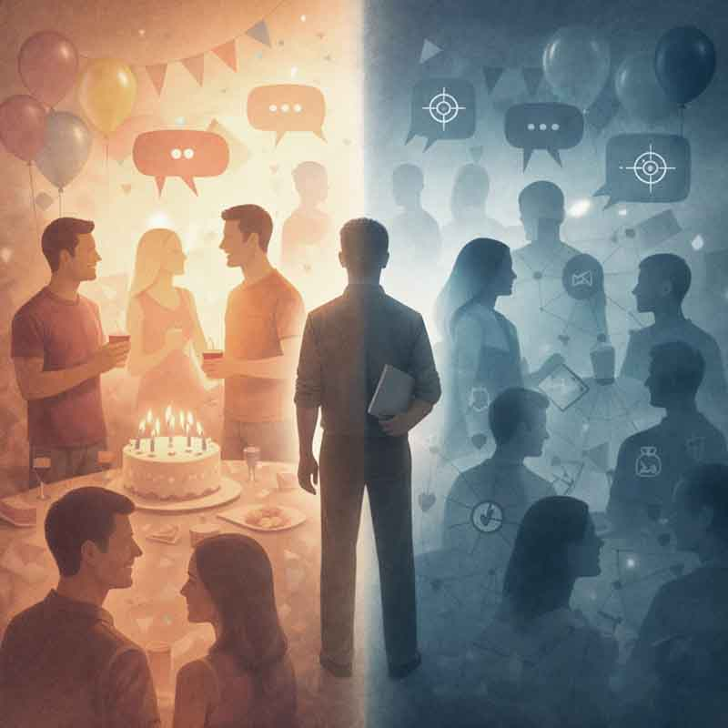 Birthday party split between surface reality of normal celebration and hidden reality of staged conversations, intelligence gathering, and strategic manipulation tactics