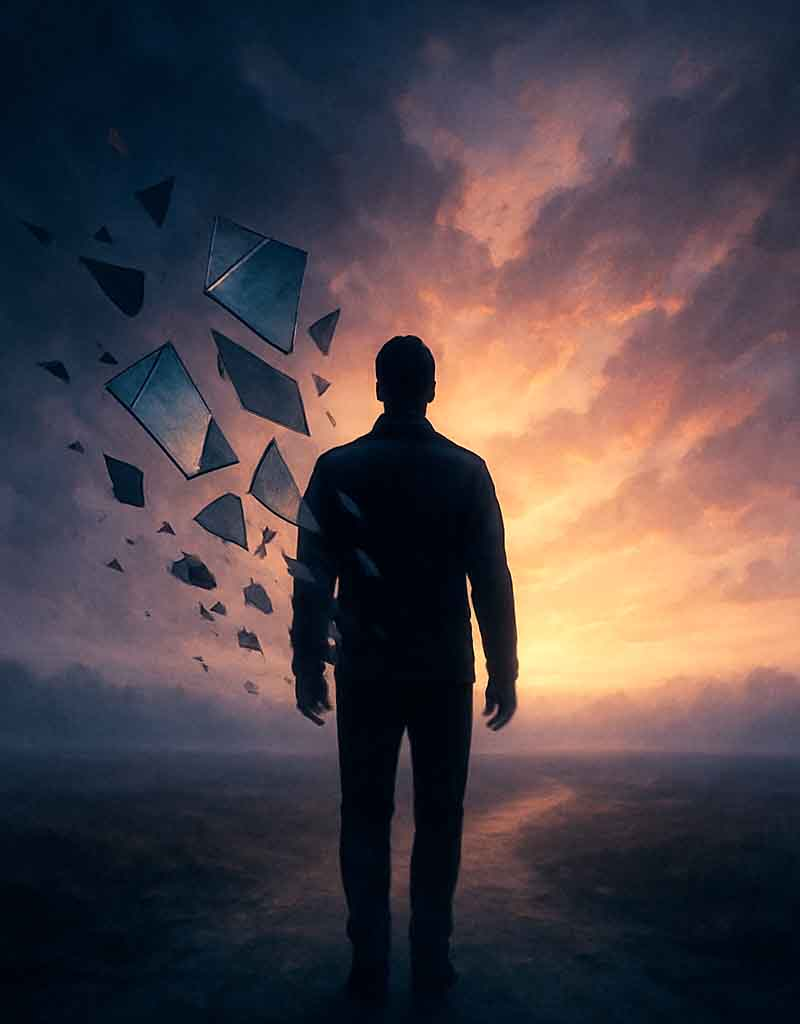 A silhouetted figure stands facing a dramatic sunrise, with fragmented pieces dissolving behind them into darkness, symbolizing moving forward with clarity while leaving false narratives behind.
