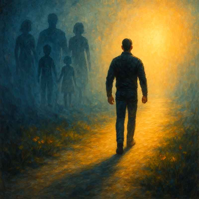 Silhouette of person walking away from dark shadows toward warm golden light, symbolizing choosing self-preservation and peace over toxic family dynamics and the need for their approval