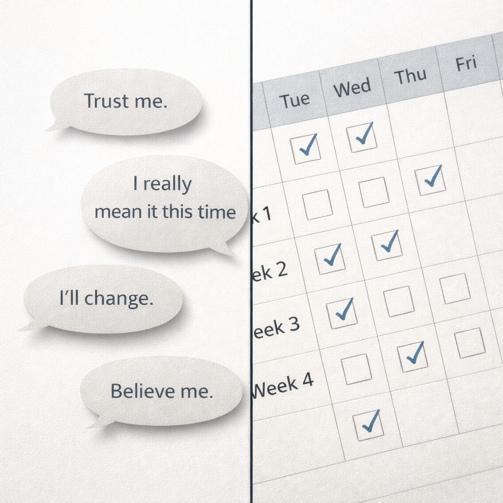 Calendar tracker showing pattern of broken promises and missed commitments over time with checkmarks and empty boxes revealing inconsistent effort in manipulation detection