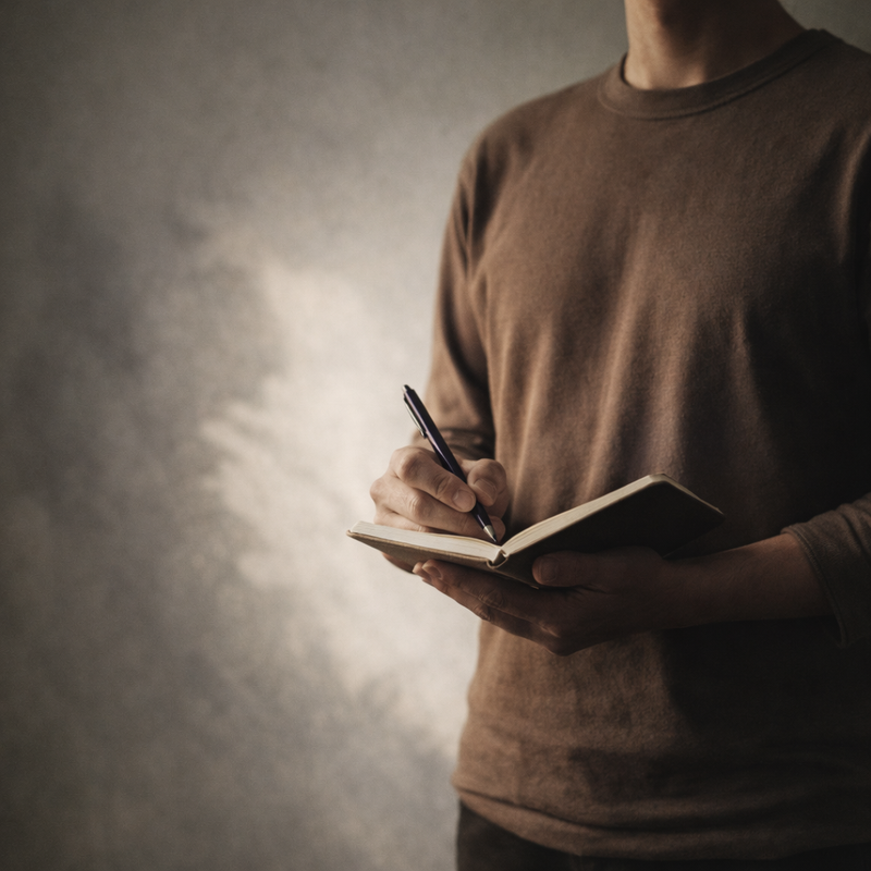 A person holding a small notebook and pen in soft natural light, standing calmly while faint distorted shadows appear behind them.
