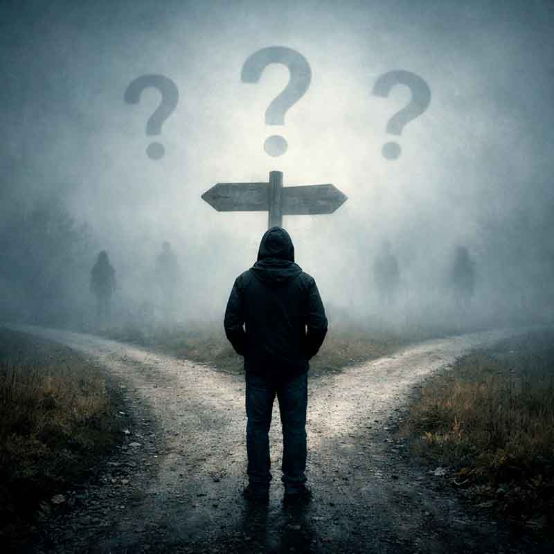 Person standing at crossroads with question marks above directional signs representing uncertainty in decision-making