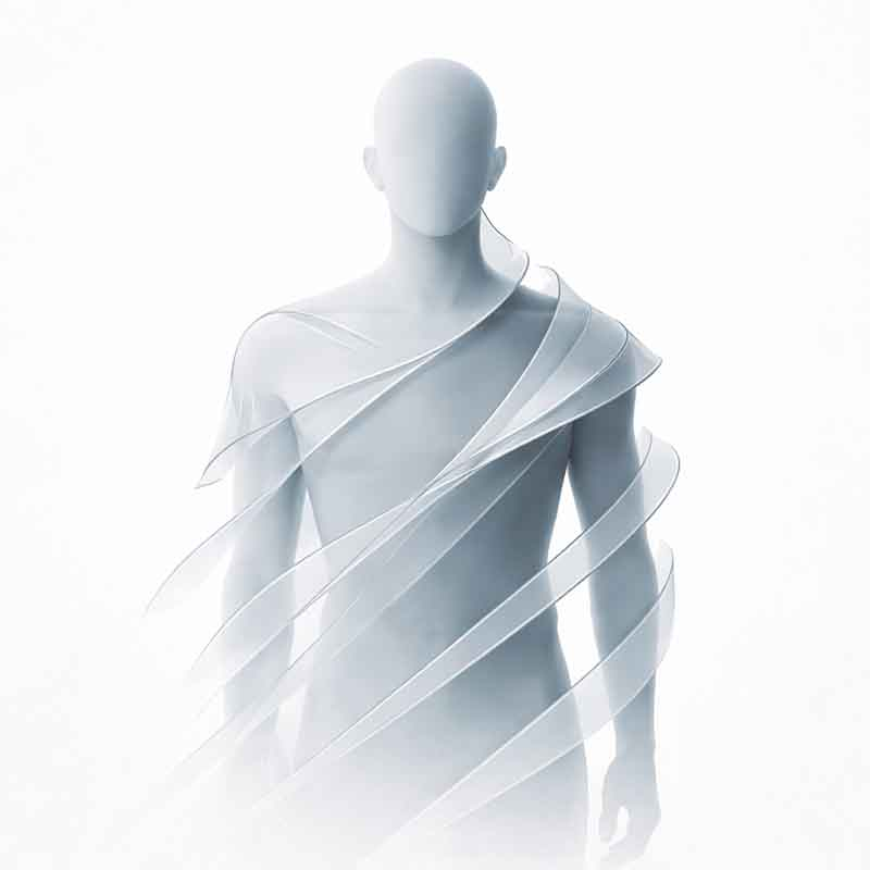 Translucent human silhouette with layered effect representing protective responses being removed during recovery