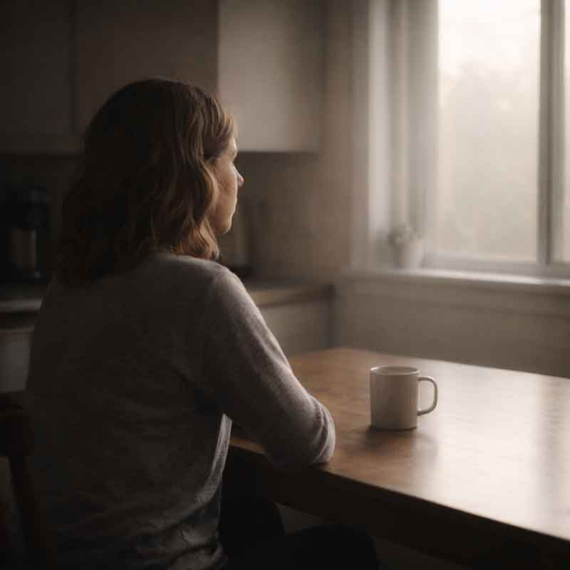 Person sitting alone at a table, looking out a window, early morning light