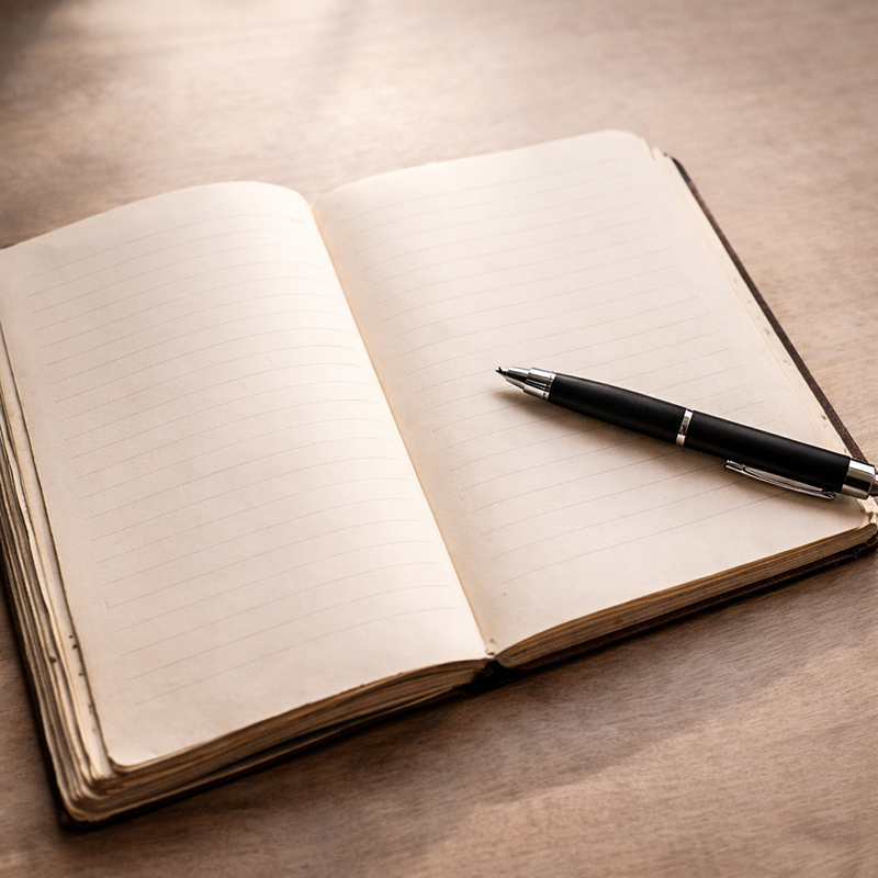 Open notebook on a table with a pen resting across the page