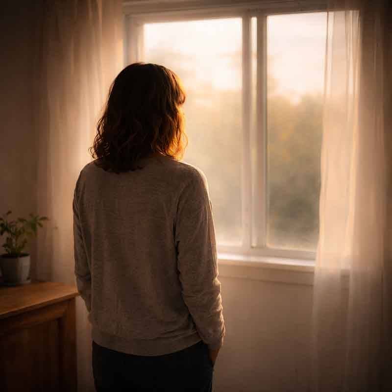 A person standing alone at a window, viewed from behind, soft light coming through.