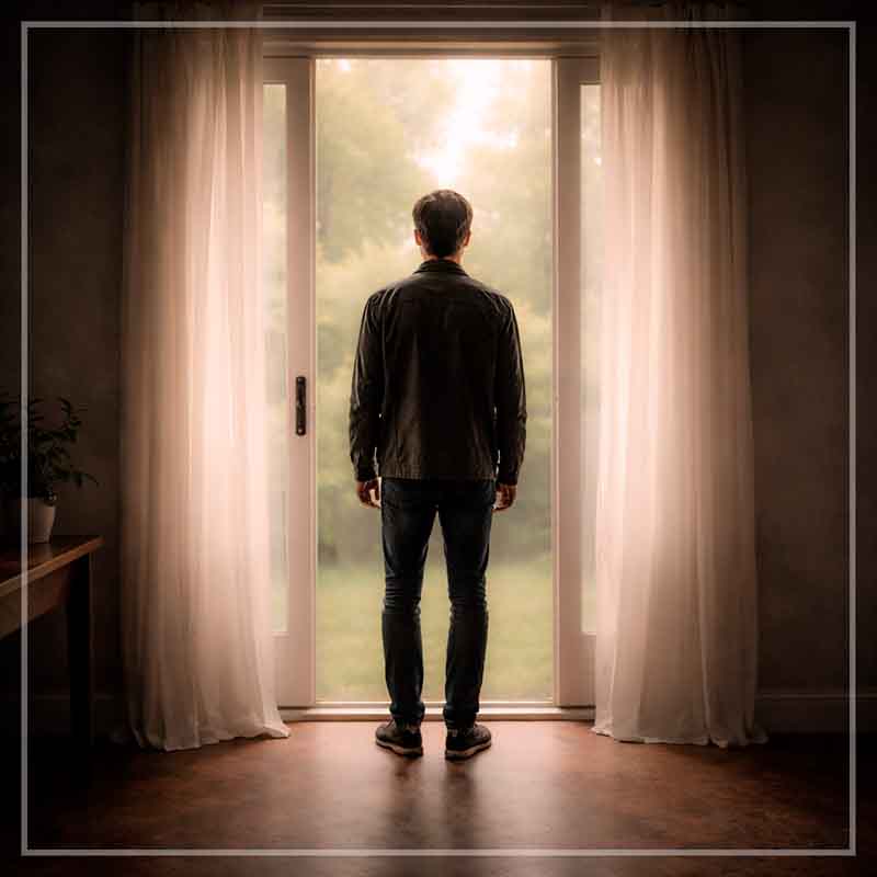 A person standing alone in a doorway, backlit by soft natural light. You're not too much. You're just present.