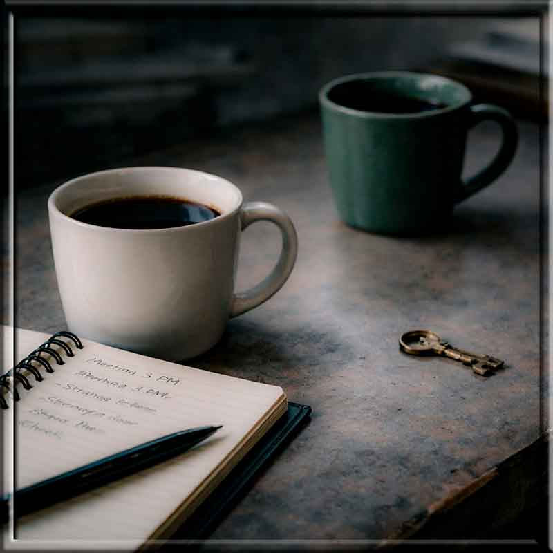 7 Signs of a Master Manipulator, two coffee cups on a desk beside an open notebook