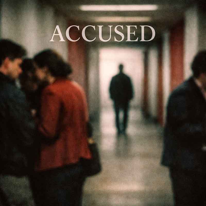 person standing alone in a hallway while others talk in the background