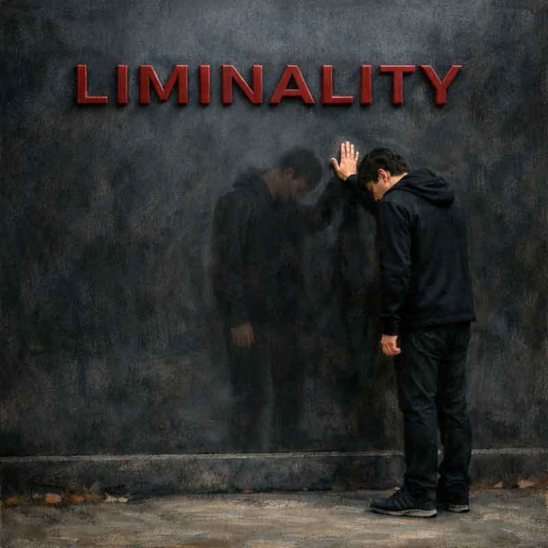 Person pressing hand against a dark reflective wall, their own reflection pressing back from the other side, the word LIMINALITY in red letters across the wall above them