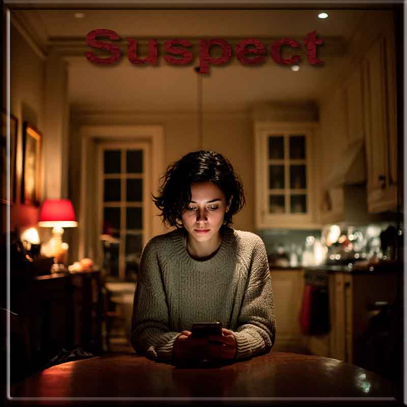A person sits alone at a table looking down at a phone in a dimly lit room, with the word SUSPECT overlaid in the frame.